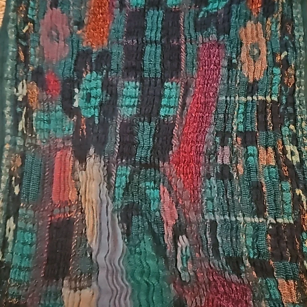 VTG Handwoven Turquoise Multi-color Rainbow Crinkle Fringe Scarf